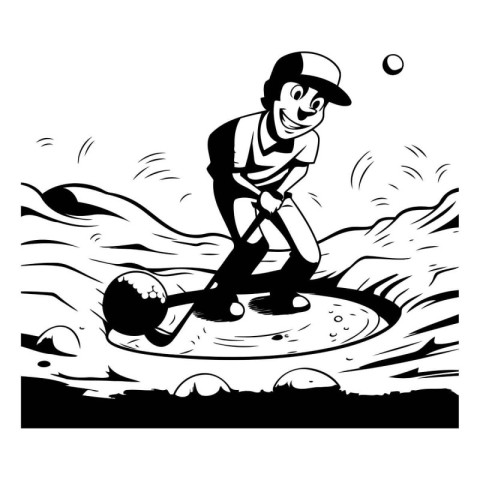 Golf player hitting the ball - black and white vector illustrati