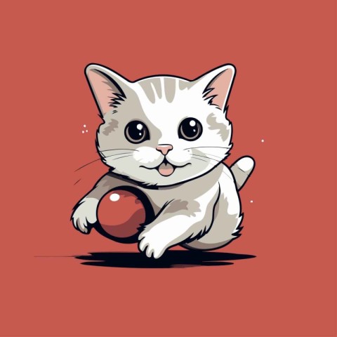 Cute cartoon cat playing with ball on red background. Vector ill