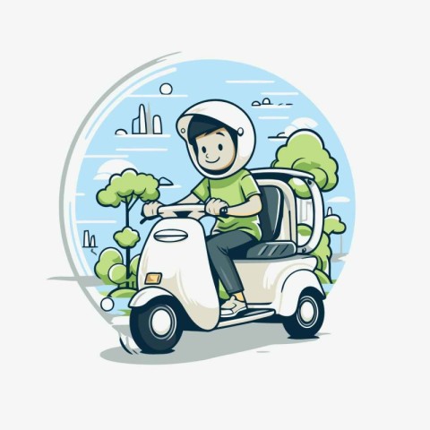 Illustration of a man driving a scooter in the park.