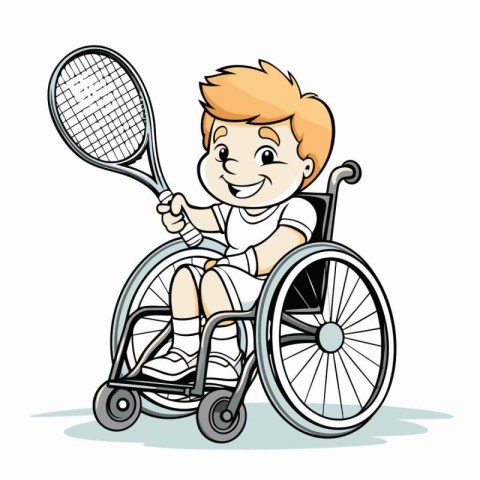 Cute boy in a wheelchair playing tennis. Vector illustration of