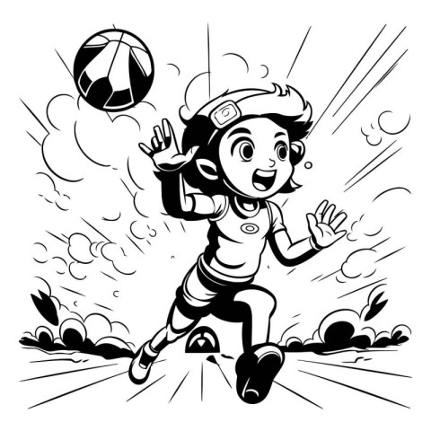 Boy playing soccer. Black and white vector illustration for colo