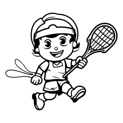 Cartoon Illustration of Kid Boy Playing Tennis Sport Coloring Bo