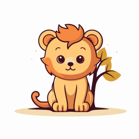 Cute cartoon lion sitting on the ground. Vector illustration on