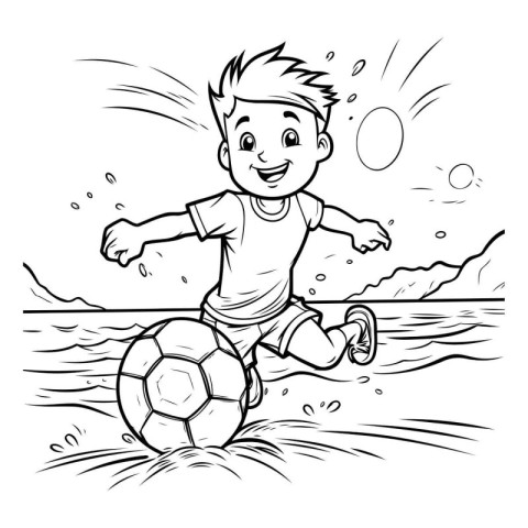 Black and White Cartoon Illustration of a Kid Playing Soccer or