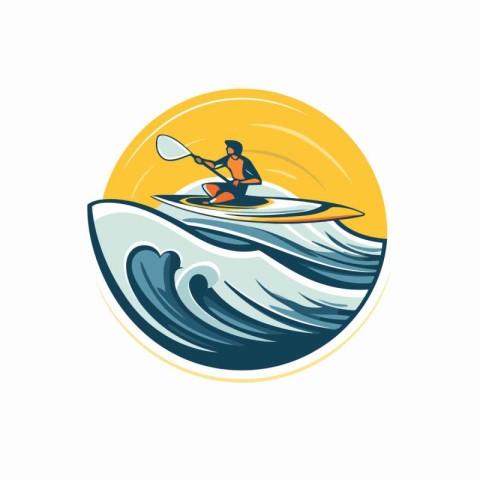 Kayaking icon. Vector illustration of a kayaker paddling on a wa