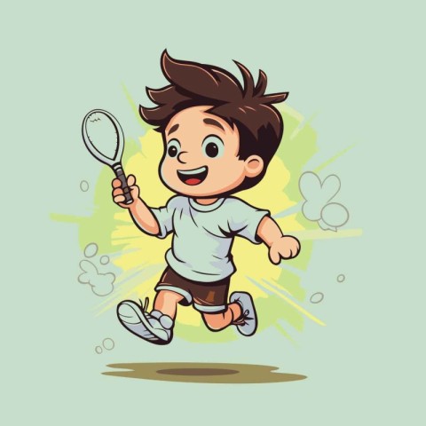 Cartoon boy playing badminton. Vector illustration of a boy play