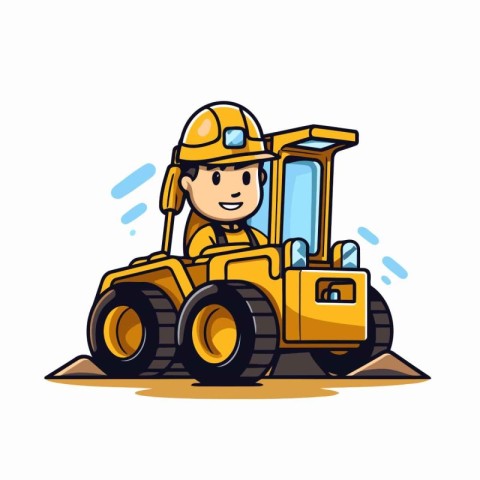 Cartoon construction worker in yellow bulldozer. Vector illustra