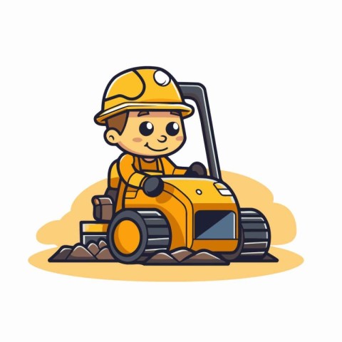 Cartoon little boy working on a construction machine. Vector ill