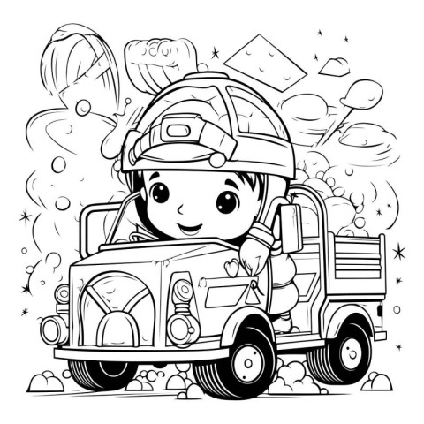 Black and White Cartoon Illustration of a Kid Boy in a Fire Depa