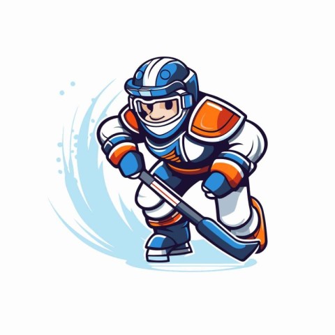 Ice hockey player with the stick and puck. Vector cartoon illust