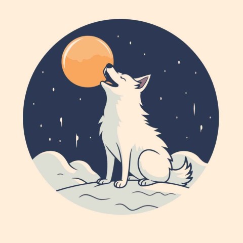 Illustration of a cute wolf in the moonlight. Vector illustratio