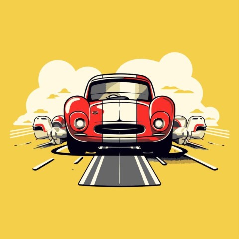 Retro car on the road. Vector illustration in retro style.