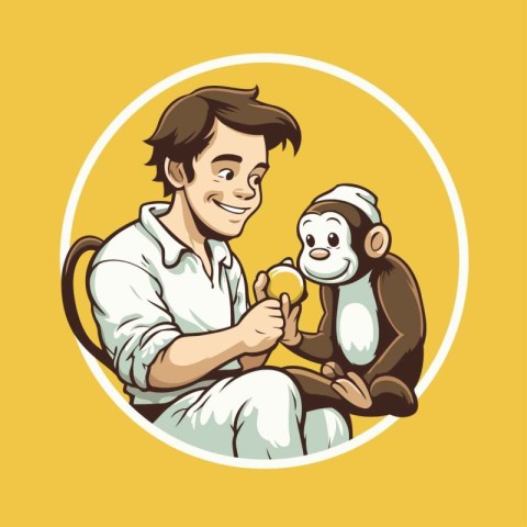 Vector illustration of a man playing with a monkey on a yellow b