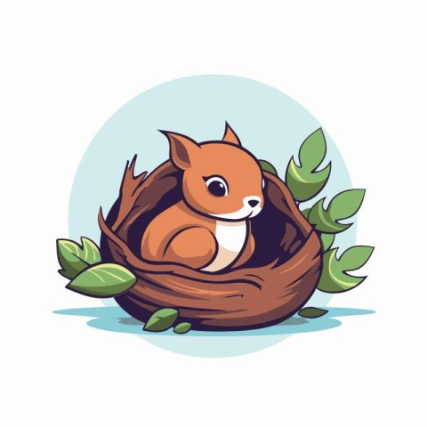 Cute cartoon squirrel in a bird's nest. Vector illustration.