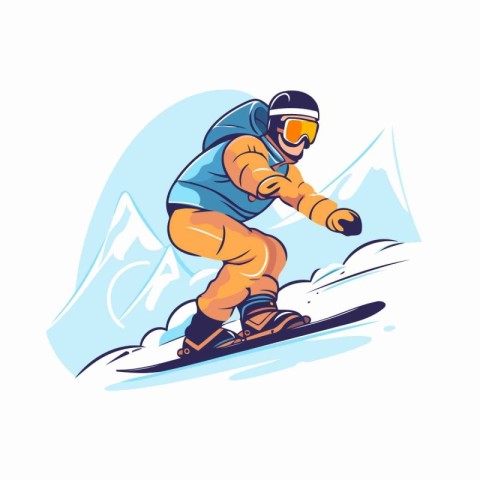 Snowboarder in helmet and goggles skiing downhill. vector illust