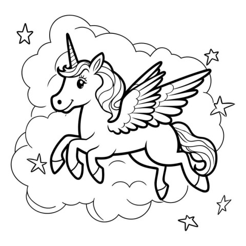 Unicorn flying in the clouds. Black and white vector illustratio