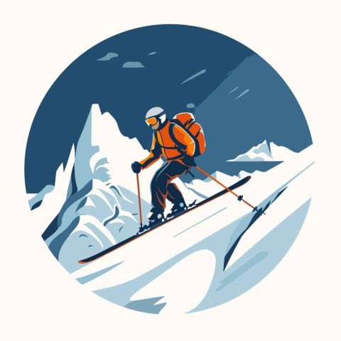 Skiing in the mountains. Vector illustration in flat style.