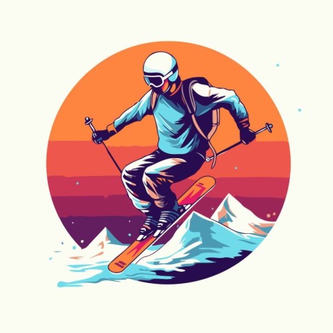 Skiing on the mountains. Vector illustration in retro style.