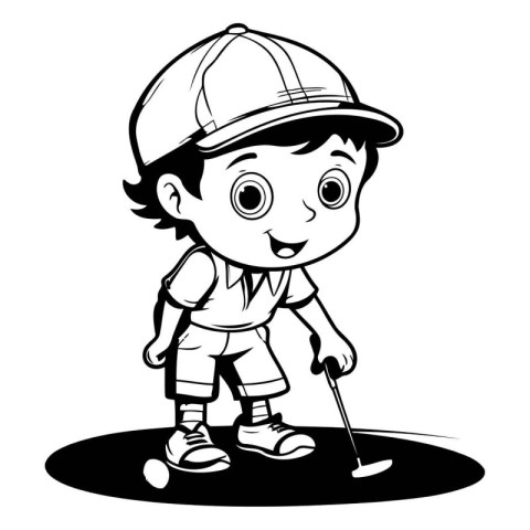 Golfer boy - Black and White Cartoon Illustration. Vector