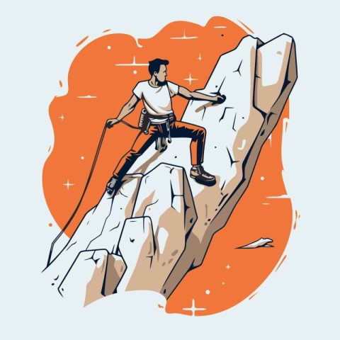 Man climbing on a cliff. Hand drawn vector illustration in sketc