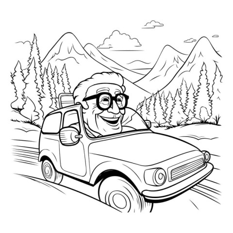 Grandfather driving a car in the mountains. Vector illustration