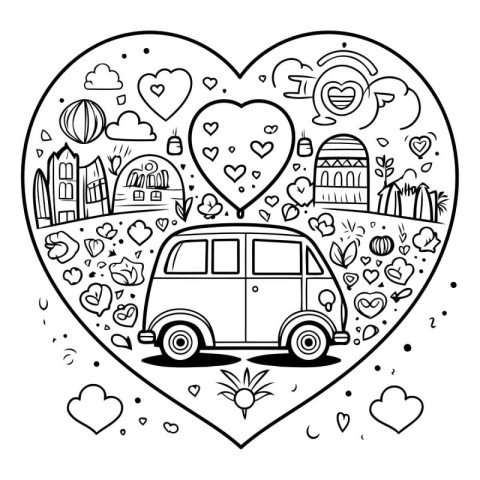 Hand drawn doodle vector illustration of a retro car in the hear