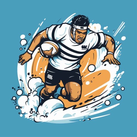 Rugby player jumping with a surfboard. Vector illustration.