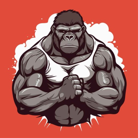 Vector illustration of a strong gorilla in a t-shirt on a red ba