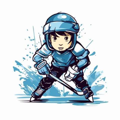 Boy ice hockey player with helmet and skates. Vector illustratio