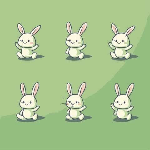 Cute cartoon bunny character set in different poses. Vector illu