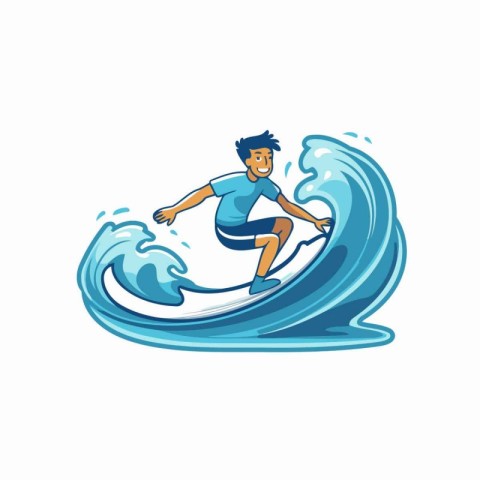 Vector illustration of a man riding a surfboard on a wave.