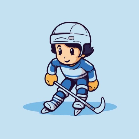 Cartoon boy playing hockey. Vector illustration on a blue backgr