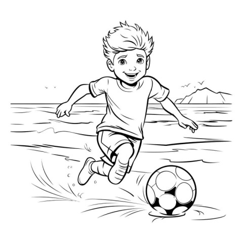 Little boy playing soccer on the beach. black and white vector i