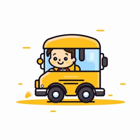 Cute little boy driving school bus. Vector illustration in flat