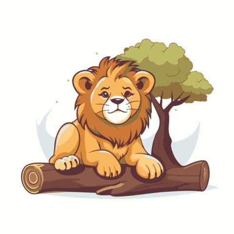 Lion sitting on a log. Vector illustration of a cartoon animal.