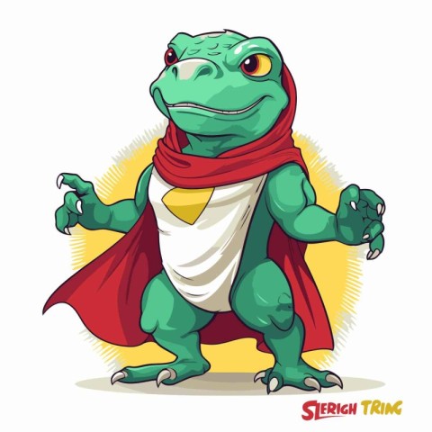 Superhero green frog with red cape. Vector illustration isolated