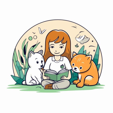 Girl reading a book with cat and dog. Cartoon vector illustratio