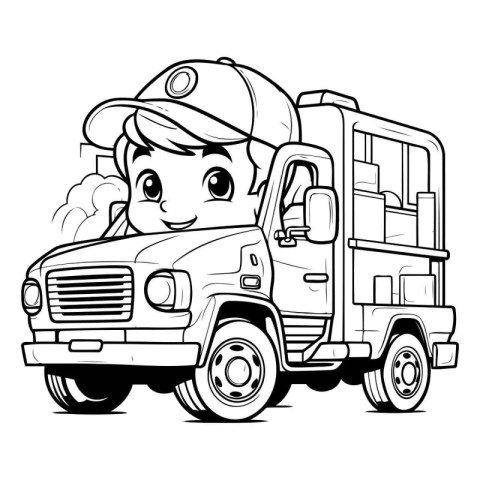 Black and White Cartoon Illustration of Cute Delivery Driver Cha