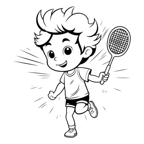 Boy playing badminton - Black and White Cartoon Illustration. Ve