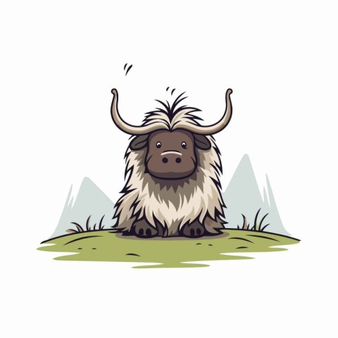 Yak in the field. Vector illustration in cartoon style on white