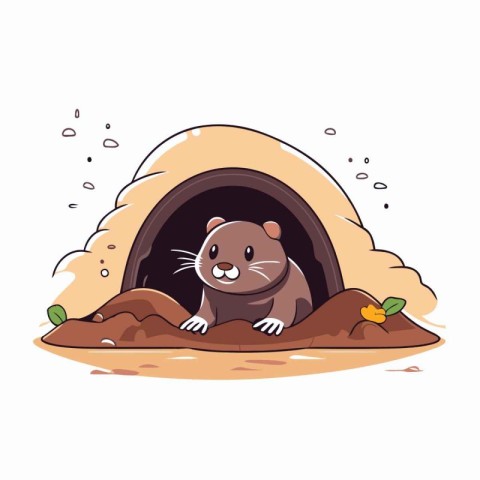 Cute otter in a hole in the ground. Vector illustration