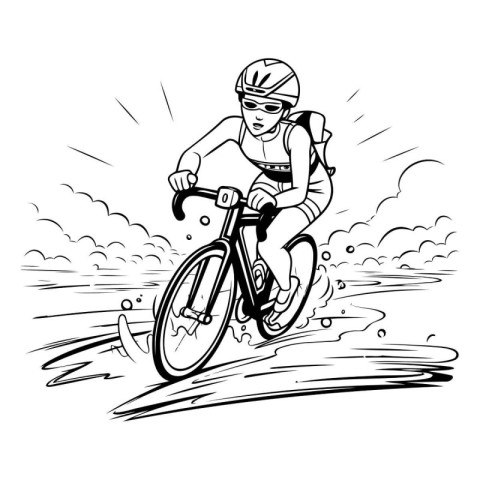 Cyclist on the road. black and white vector illustration.