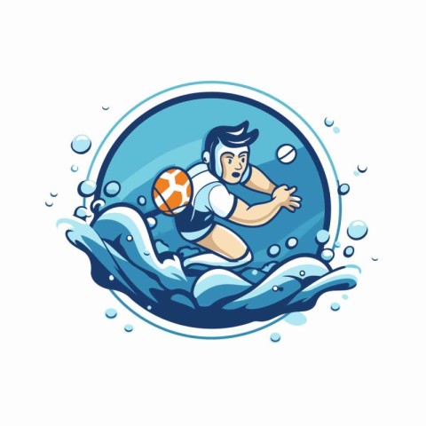 Water polo player with ball on the wave. Vector illustration.