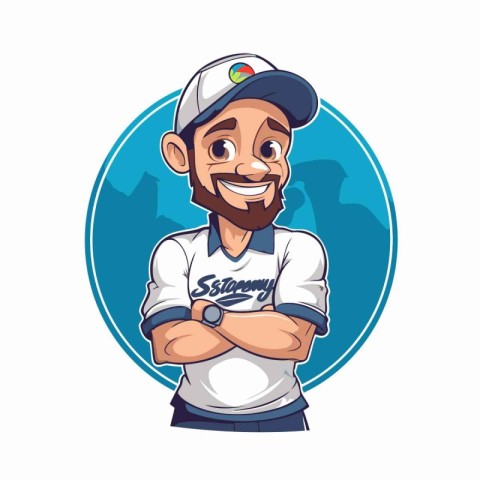 Portrait of smiling baseball player in cap and t-shirt. Vector i