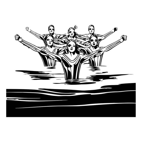 Group of people swimming in the water. Black and white illustrat