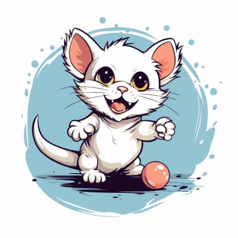 Cute cartoon white kitten playing with a ball. Vector illustrati