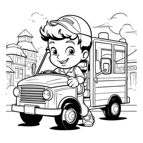 Black and White Cartoon Illustration of Boy Driving a School Bus