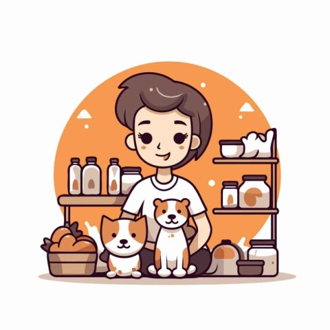 Cute boy with dog in pet shop. Vector cartoon illustration.