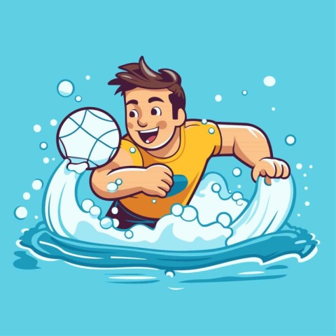 Vector illustration of a young man playing water polo on a surfb