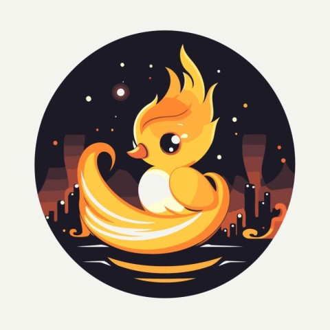 Flaming duck in the night city. Vector illustration in flat styl